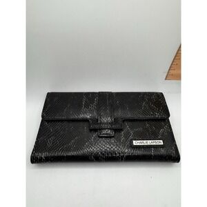 Charlie Lapson Black Snakeskin Embossed Leather Trifold‎ Wallet Clutch